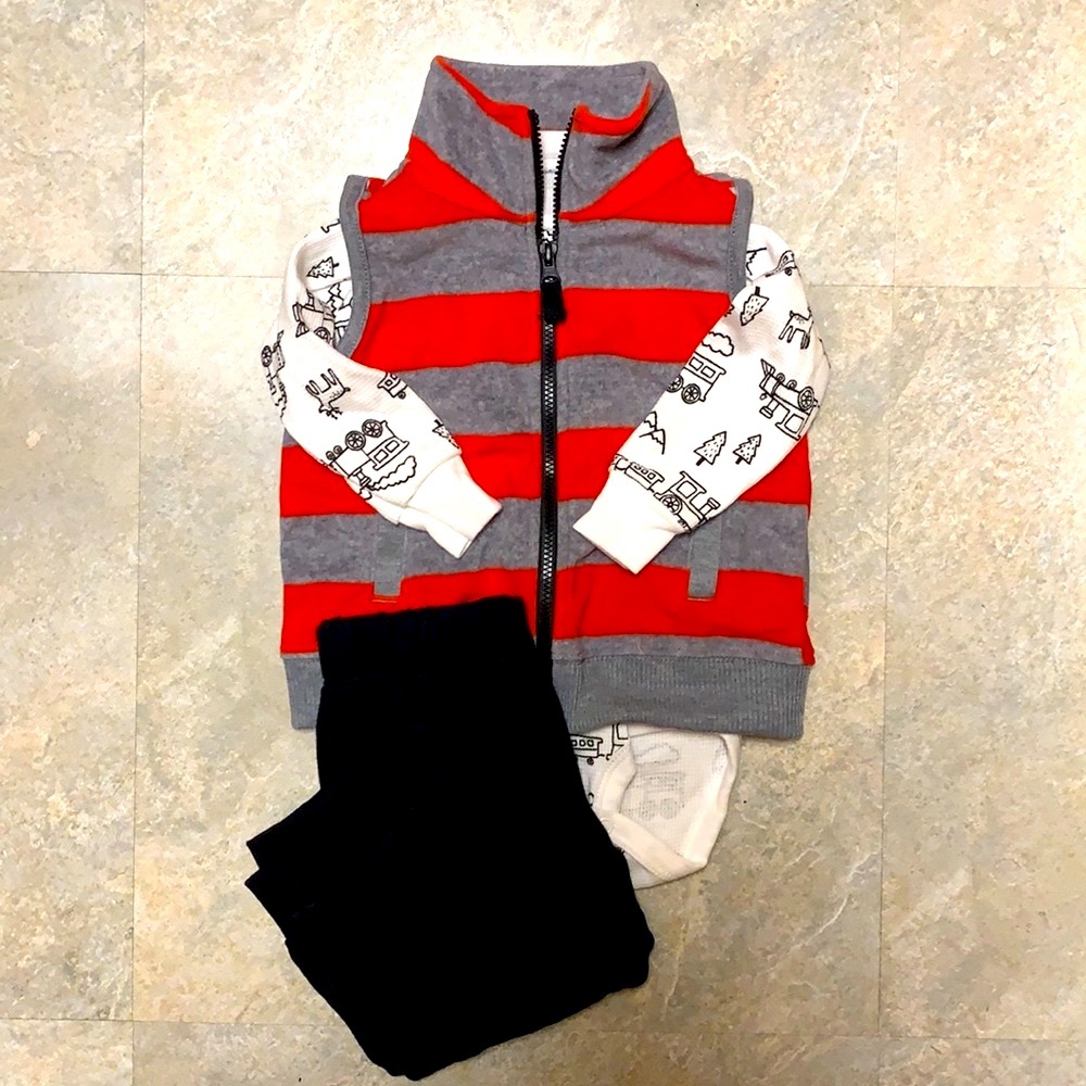 Carter’s Stripe Fleece Vest, White Winter Print Onesie, Black Sweatpant …